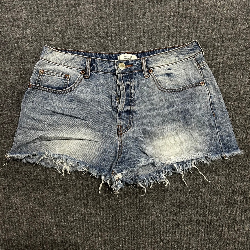 Forever 21 Shorts Womens Size 29 Blue Denim High Waisted Raw Hem Frayed Cotton